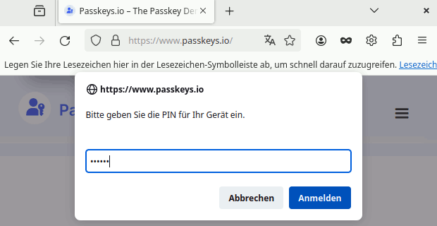 YubiKey-PIN-Abfrage für Passkeys-Zugriff